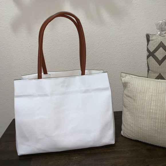 NWOT Mama with Heart Tote Bag / Shoulder Bag Canvas White with Brown Handles - Picture 5 of 7